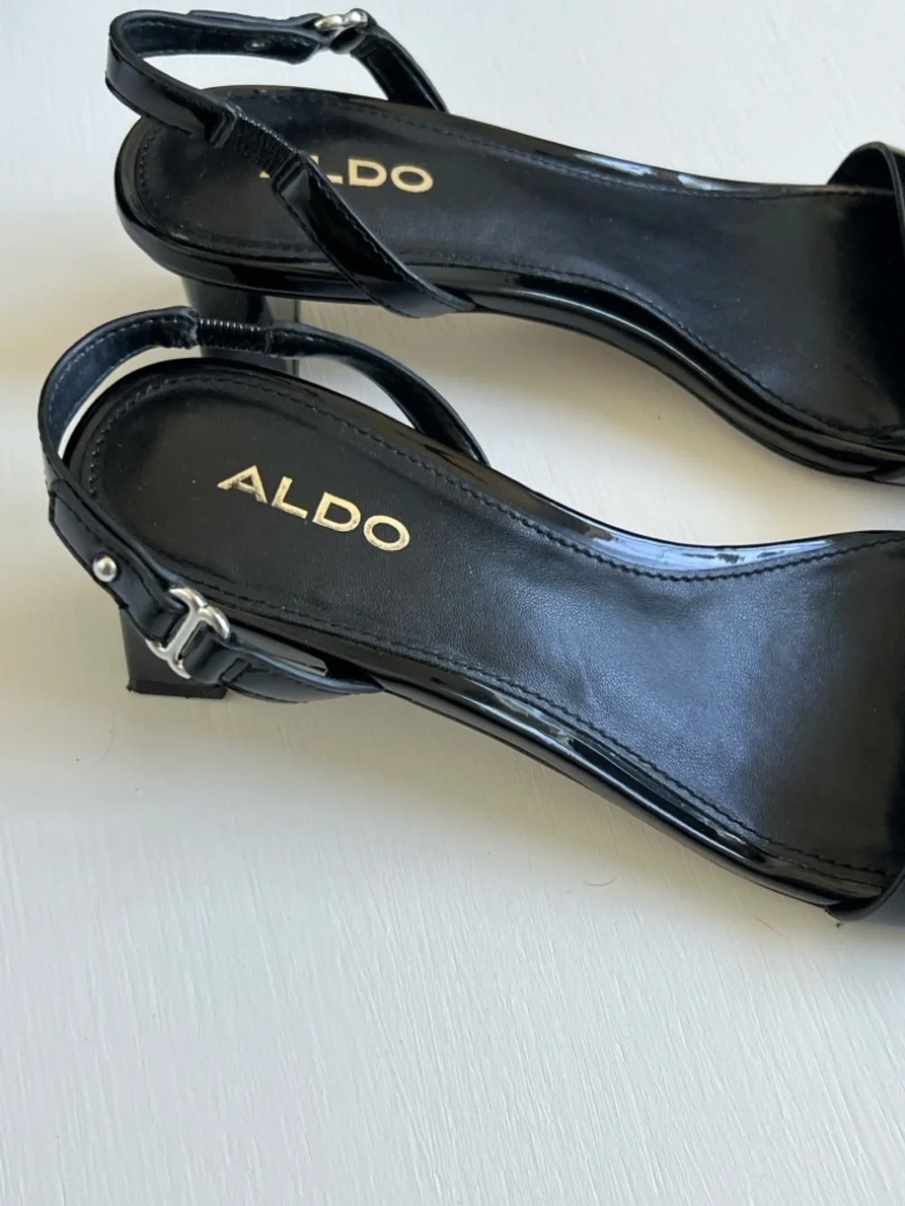 Aldo Black Patent Square-Toe Ankle Strap Heels